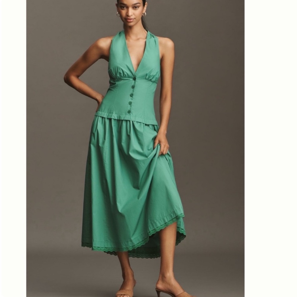 NWT Anthropologie Drop Waist Halter Midi Dress with Button Front szXL